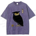 Unisex Ukiyo-e Night Owl Printed Washed Tee