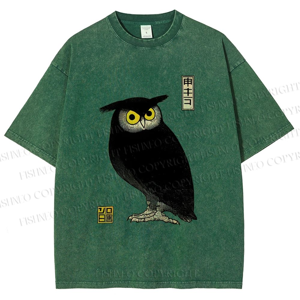 Unisex Ukiyo-e Night Owl Printed Washed Tee