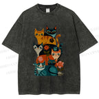 Unisex Floral Cat Stack Printed Washed Tee