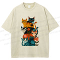 Unisex Floral Cat Stack Printed Washed Tee