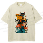 Unisex Floral Cat Stack Printed Washed Tee