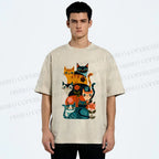Unisex Floral Cat Stack Printed Washed Tee