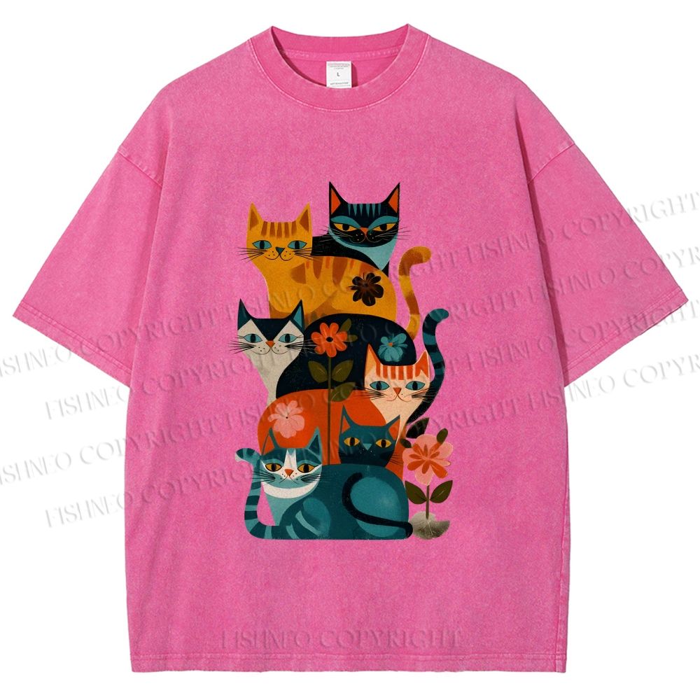 Unisex Floral Cat Stack Printed Washed Tee