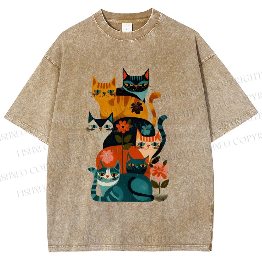 Unisex Floral Cat Stack Printed Washed Tee