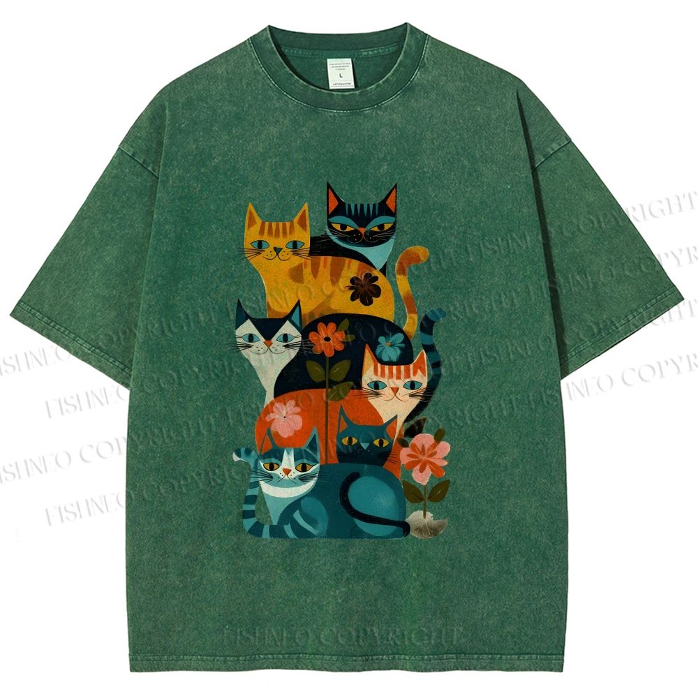 Unisex Floral Cat Stack Printed Washed Tee
