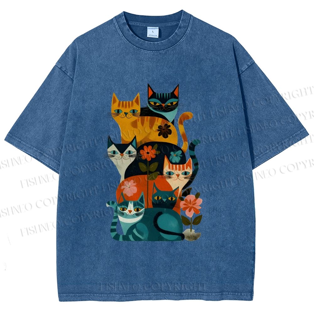 Unisex Floral Cat Stack Printed Washed Tee