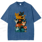 Unisex Floral Cat Stack Printed Washed Tee