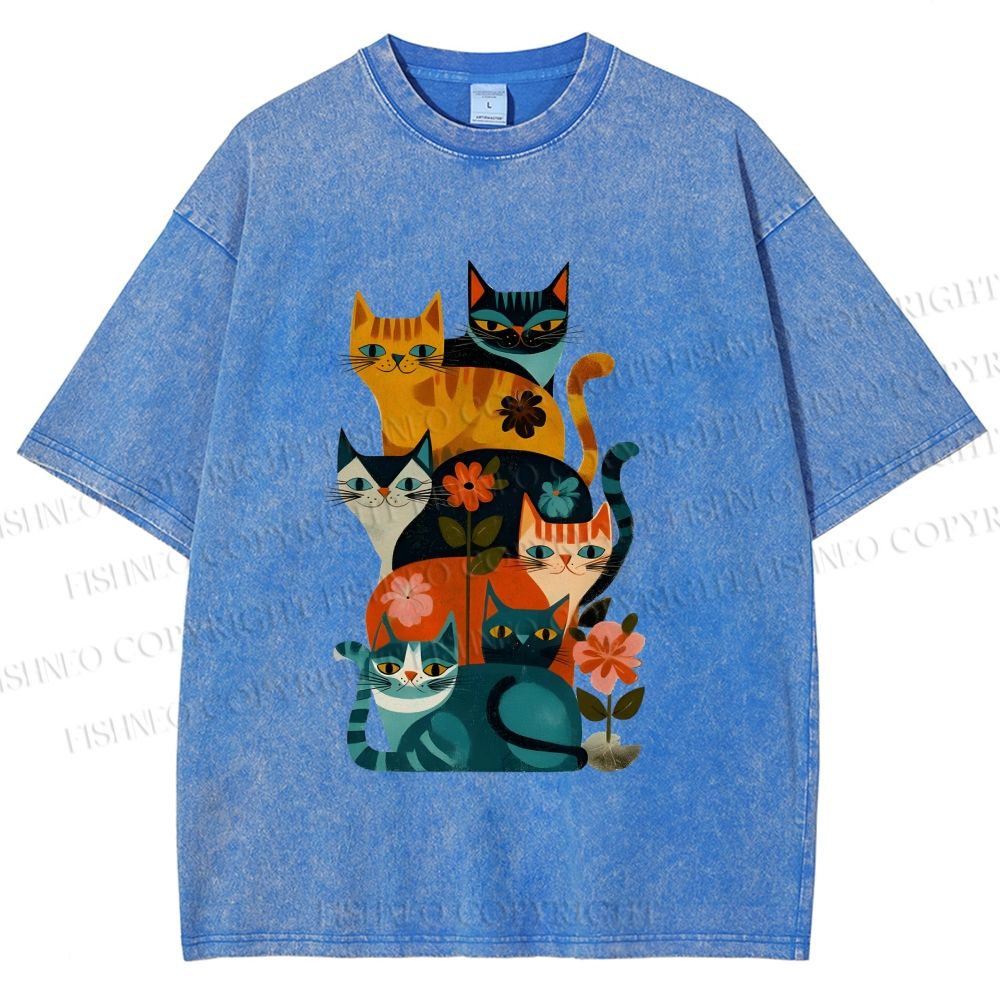 Unisex Floral Cat Stack Printed Washed Tee