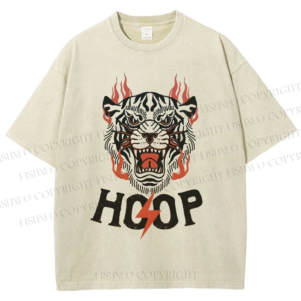 Unisex Hoop Tiger Printed Washed Tee