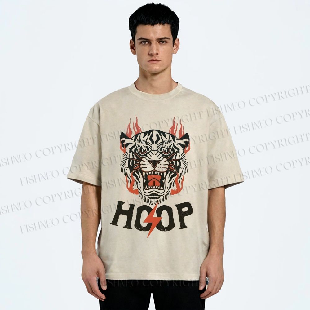 Unisex Hoop Tiger Printed Washed Tee