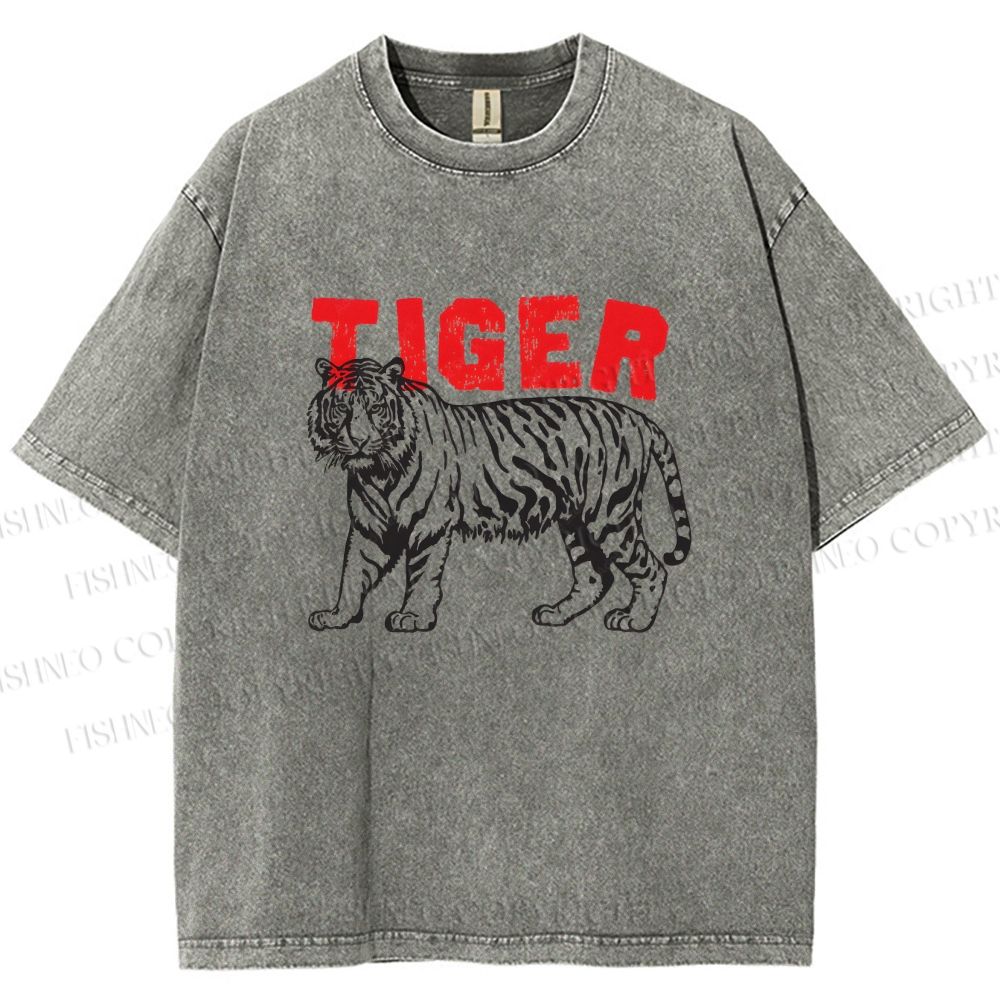 Unisex Tiger Printed Washed Tee