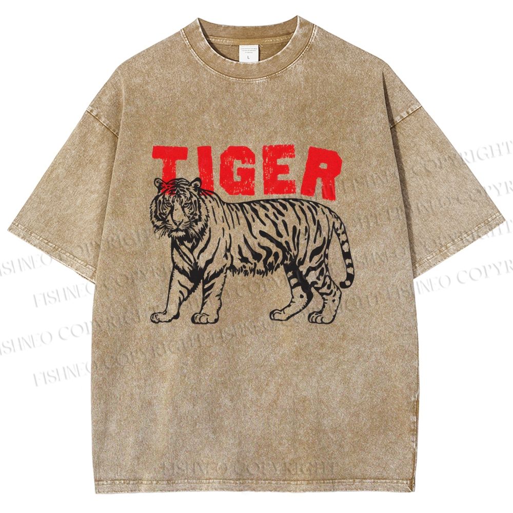 Unisex Tiger Printed Washed Tee