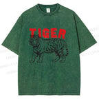 Unisex Tiger Printed Washed Tee