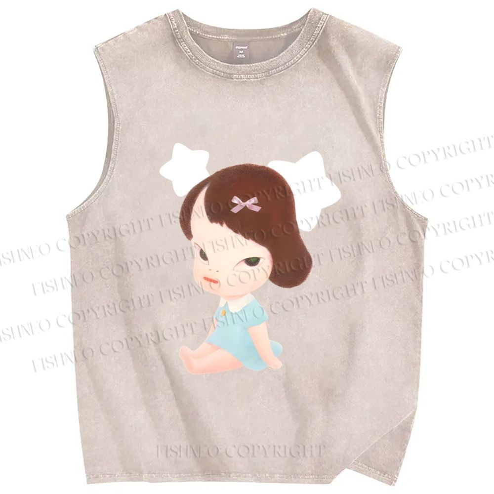 Unisex Yoshitomo Nara Star Girl Printed Washed Tank Top