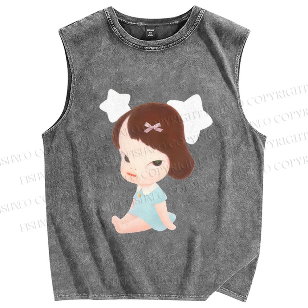 Unisex Yoshitomo Nara Star Girl Printed Washed Tank Top