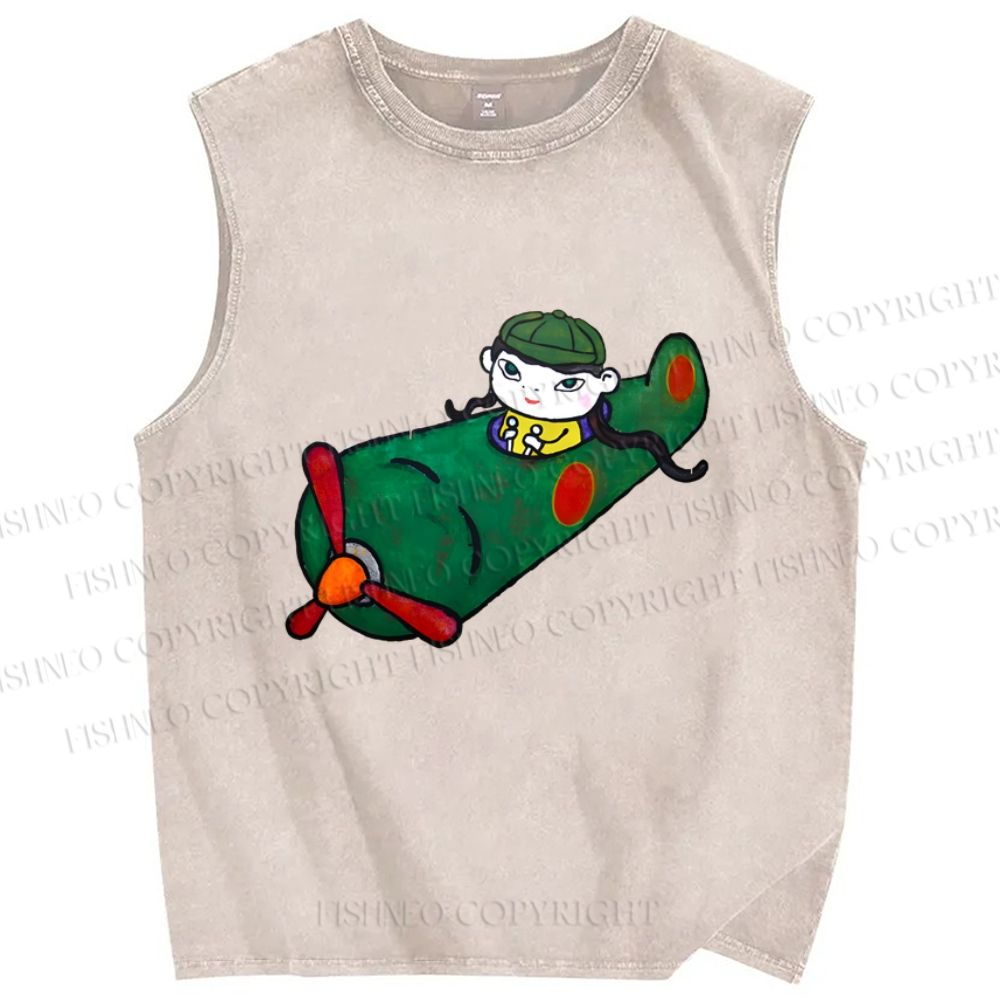 Unisex Yoshitomo Nara A Little Kamikaze Printed Washed Tank Top