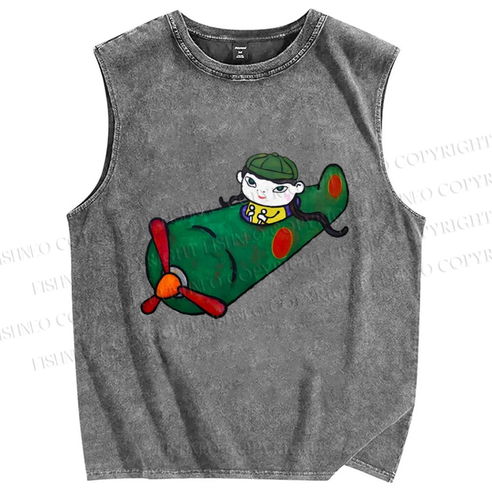 Unisex Yoshitomo Nara A Little Kamikaze Printed Washed Tank Top