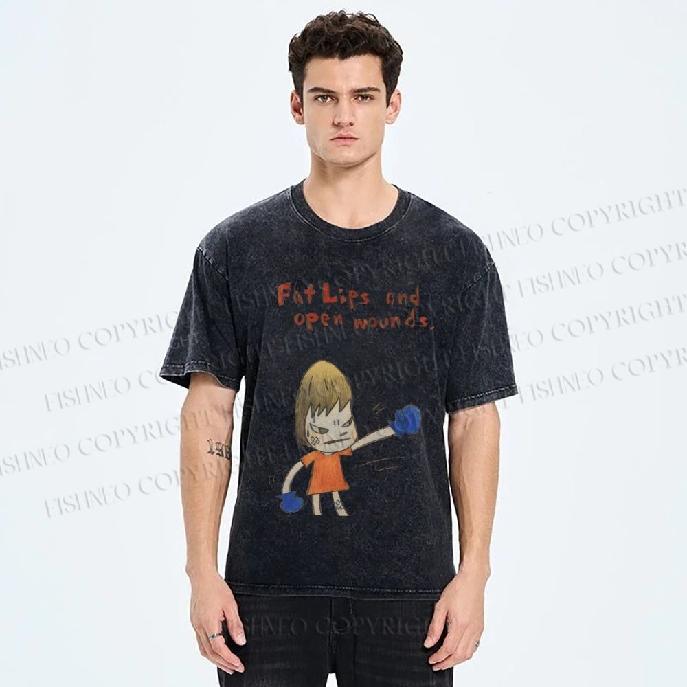Unisex Yoshitomo Nara Fat Lips And Open Wounds Printed Washed Tee