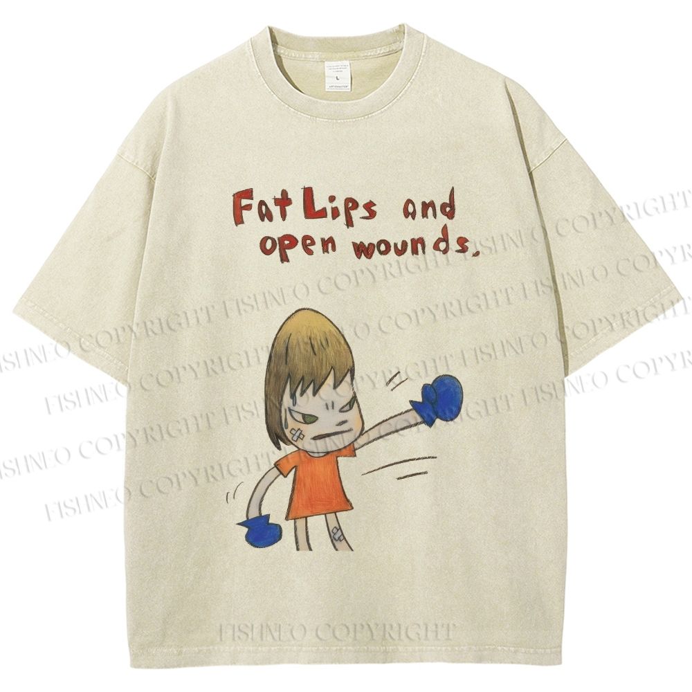 Unisex Yoshitomo Nara Fat Lips And Open Wounds Printed Washed Tee