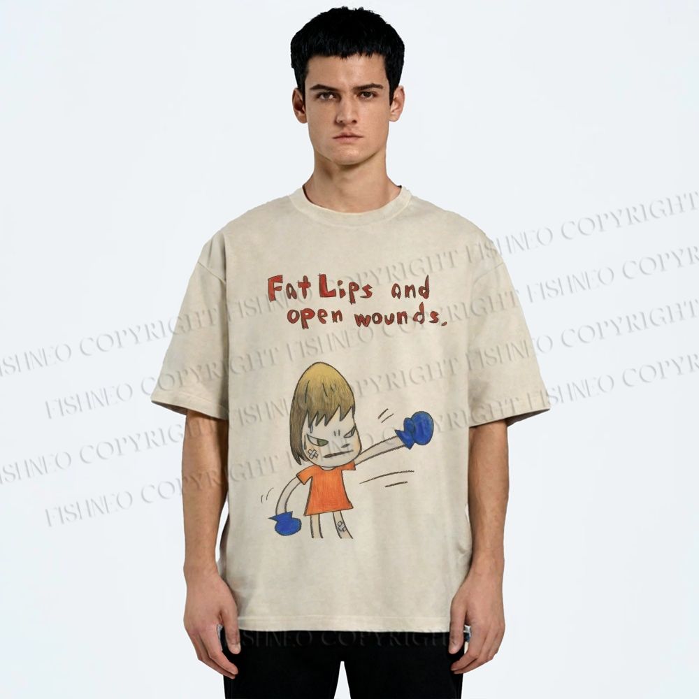 Unisex Yoshitomo Nara Fat Lips And Open Wounds Printed Washed Tee