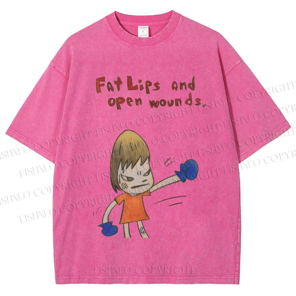 Unisex Yoshitomo Nara Fat Lips And Open Wounds Printed Washed Tee