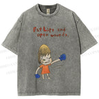 Unisex Yoshitomo Nara Fat Lips And Open Wounds Printed Washed Tee