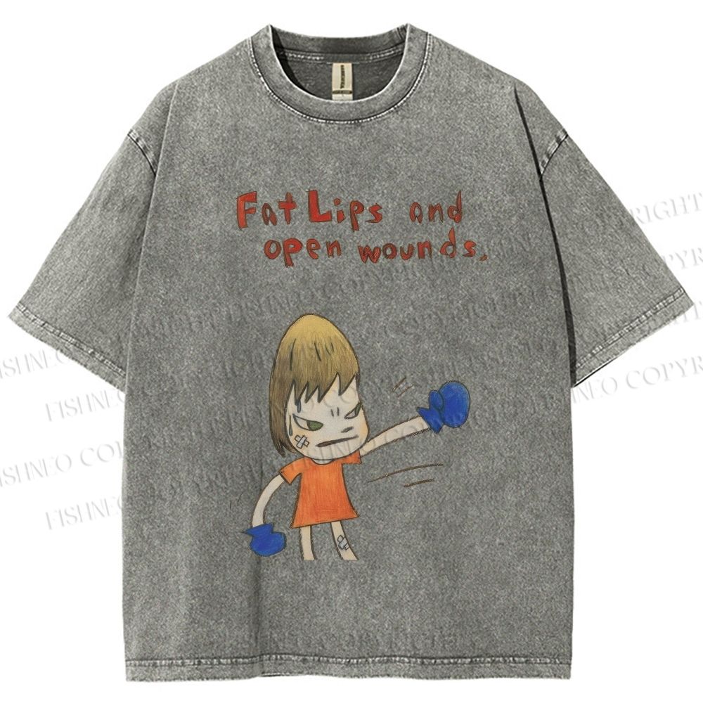Unisex Yoshitomo Nara Fat Lips And Open Wounds Printed Washed Tee