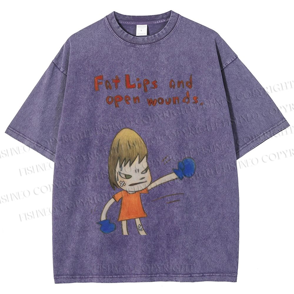 Unisex Yoshitomo Nara Fat Lips And Open Wounds Printed Washed Tee