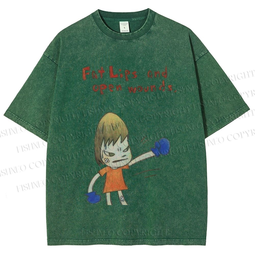 Unisex Yoshitomo Nara Fat Lips And Open Wounds Printed Washed Tee
