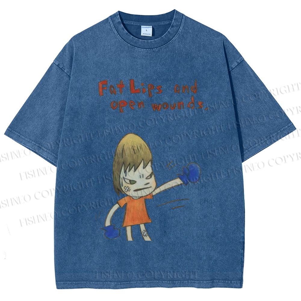 Unisex Yoshitomo Nara Fat Lips And Open Wounds Printed Washed Tee