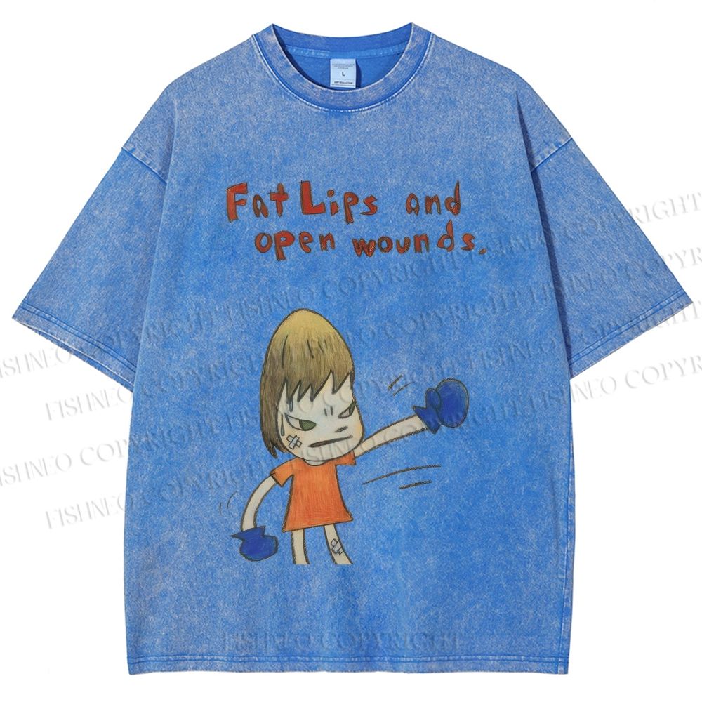 Unisex Yoshitomo Nara Fat Lips And Open Wounds Printed Washed Tee