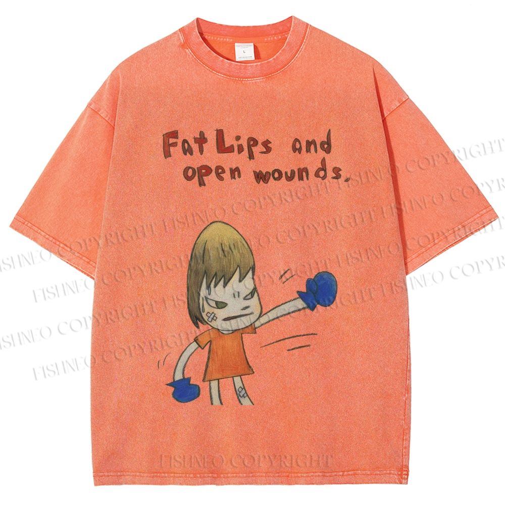 Unisex Yoshitomo Nara Fat Lips And Open Wounds Printed Washed Tee
