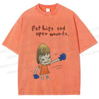 Unisex Yoshitomo Nara Fat Lips And Open Wounds Printed Washed Tee