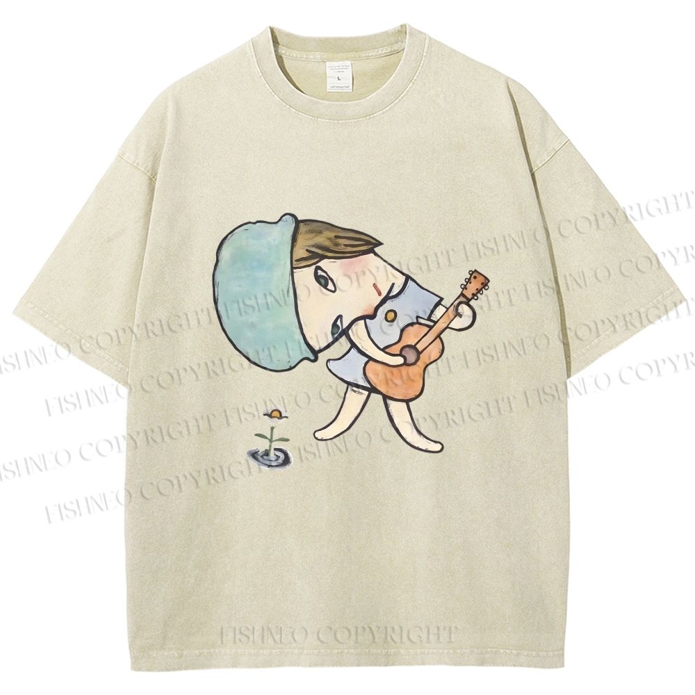 Unisex Yoshitomo Nara Guitar Girl Printed Washed Tee