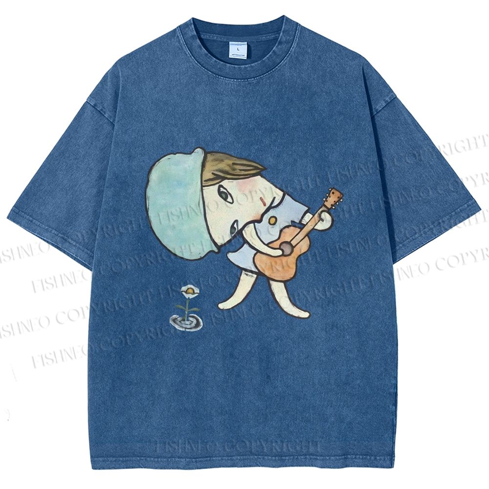 Unisex Yoshitomo Nara Guitar Girl Printed Washed Tee