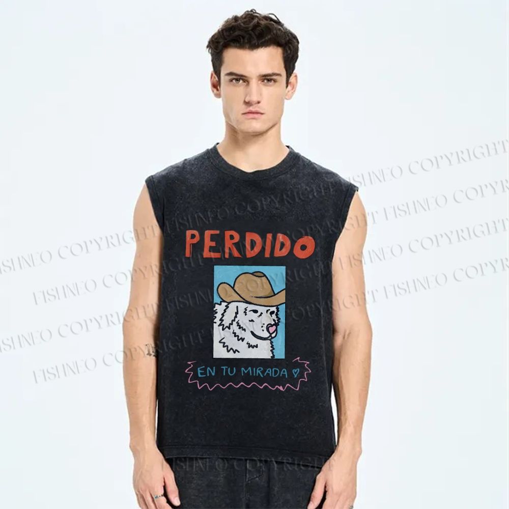Unisex Perdido Cowboy Dog Printed Washed Tank Top