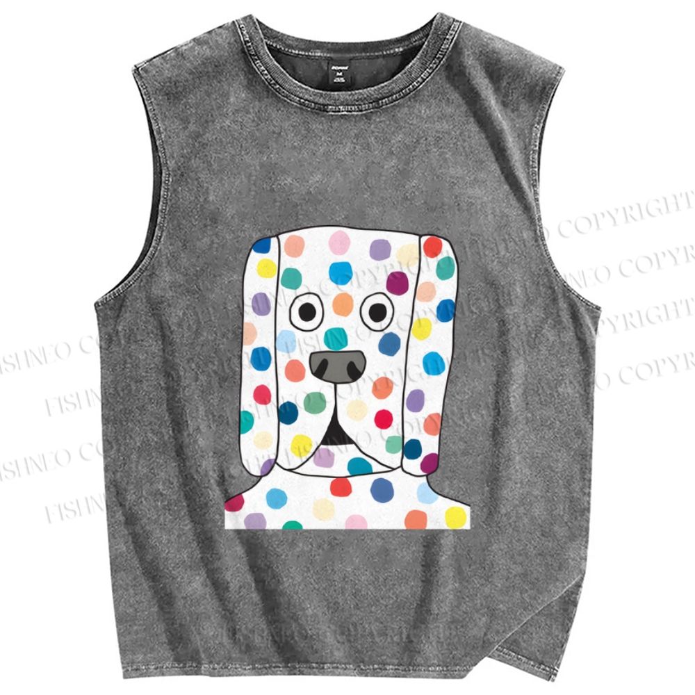 Unisex With Dog with Dots Printed Washed Tank Top