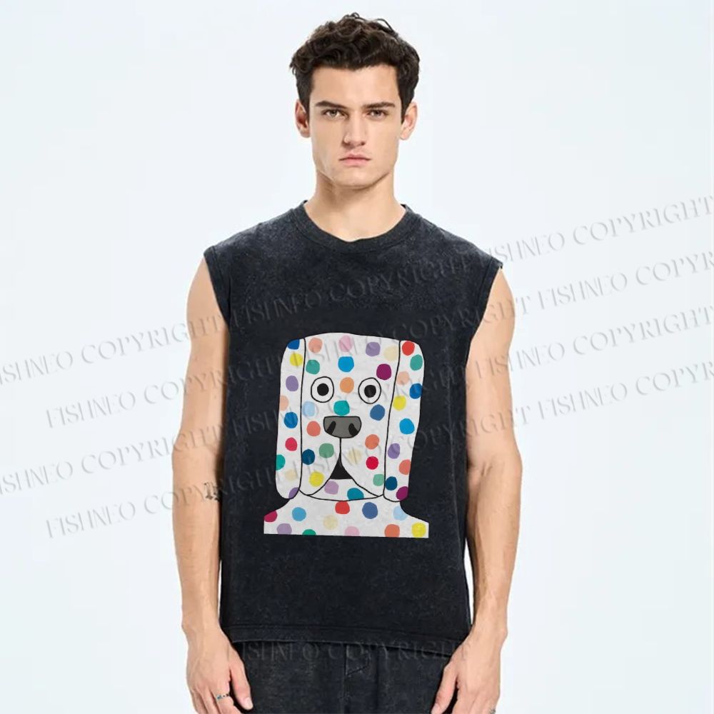 Unisex With Dog with Dots Printed Washed Tank Top
