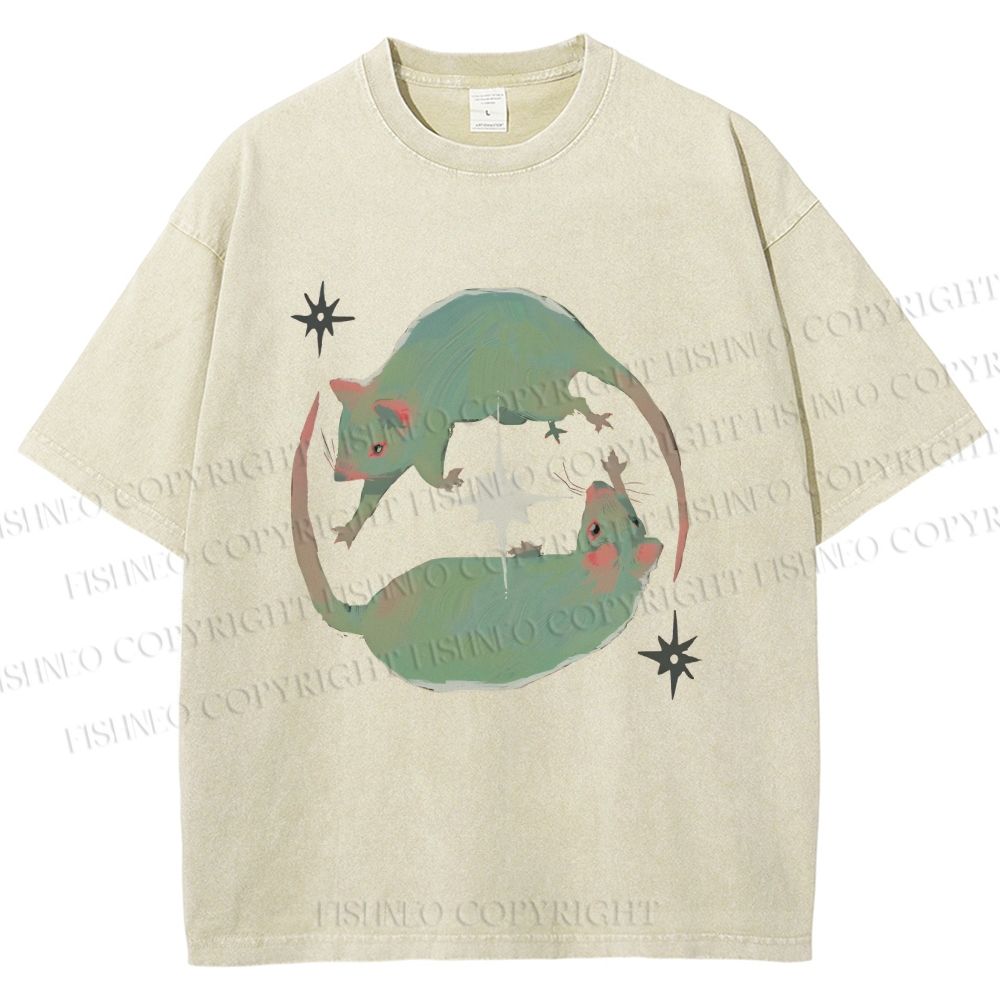 Unisex Green Rats Printed Washed Tee