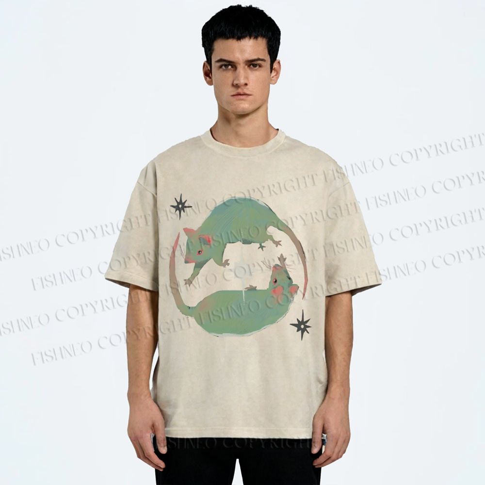 Unisex Green Rats Printed Washed Tee
