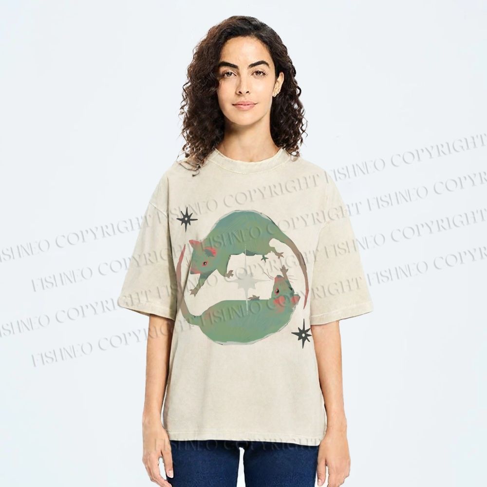 Unisex Green Rats Printed Washed Tee