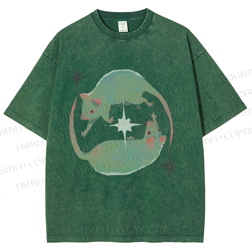 Unisex Green Rats Printed Washed Tee