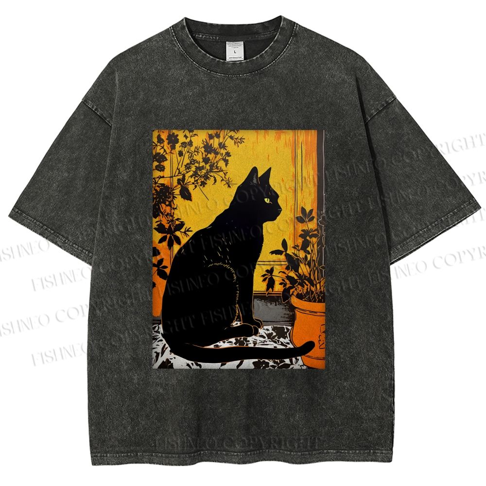Unisex Sunset Silhouette Cat Printed Washed Tee