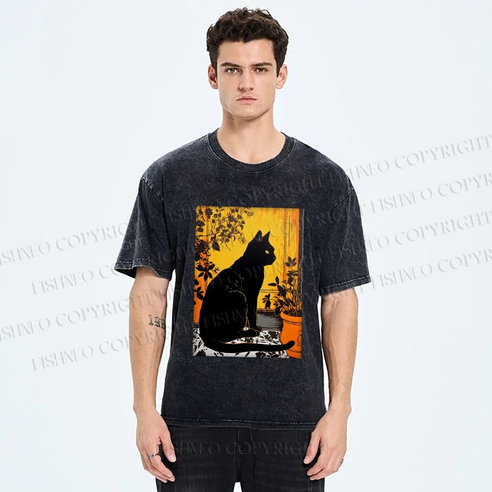 Unisex Sunset Silhouette Cat Printed Washed Tee