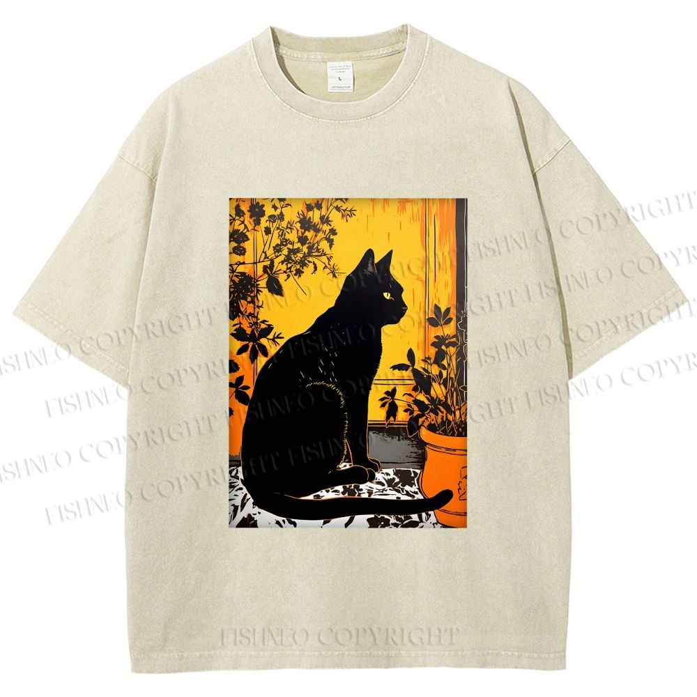 Unisex Sunset Silhouette Cat Printed Washed Tee