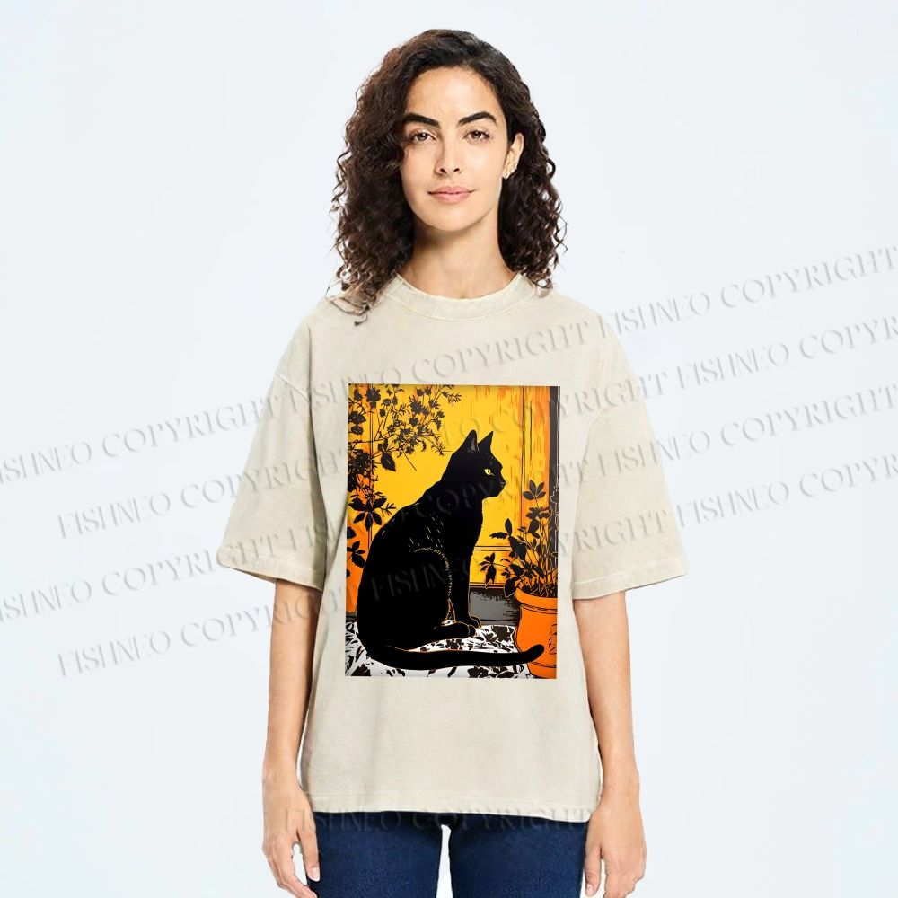 Unisex Sunset Silhouette Cat Printed Washed Tee
