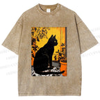Unisex Sunset Silhouette Cat Printed Washed Tee
