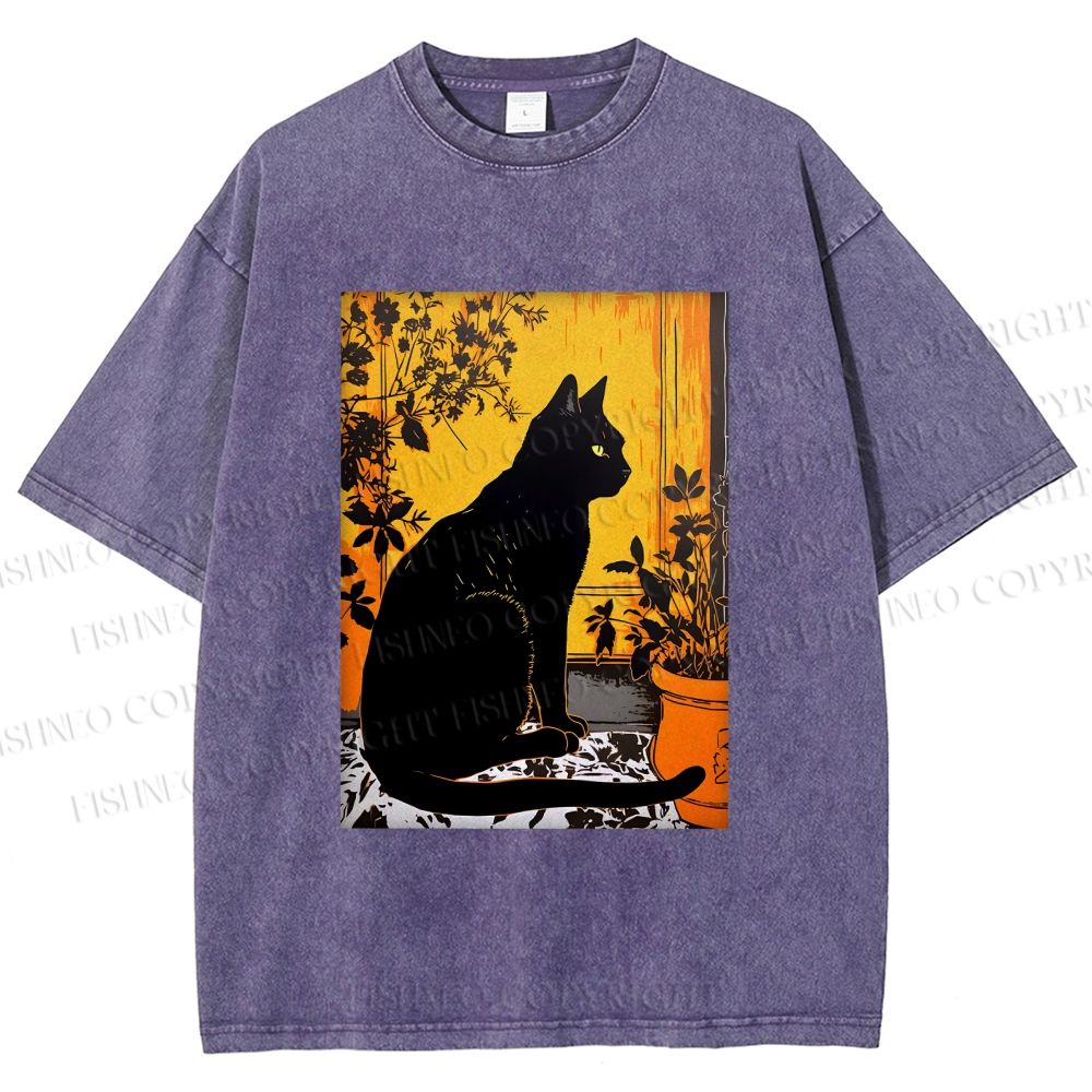 Unisex Sunset Silhouette Cat Printed Washed Tee