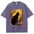 Unisex Sunset Silhouette Cat Printed Washed Tee
