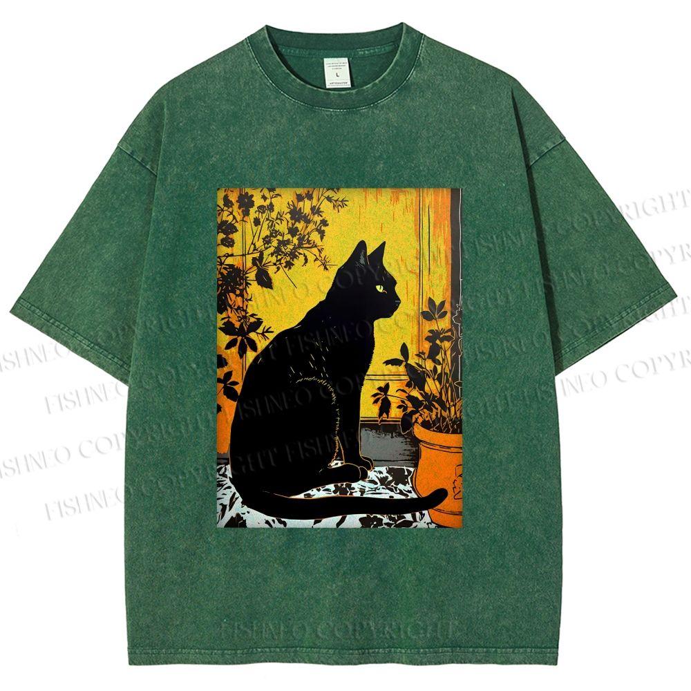 Unisex Sunset Silhouette Cat Printed Washed Tee